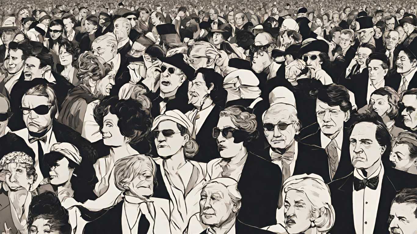 an animated picture of a group of affluent people