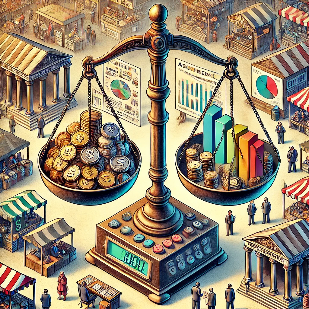 Illustration of a balance scale weighing coins against bar graphs, representing value assessment in fund management, with market stalls and regulatory buildings in the background symbolizing the financial industry and governance